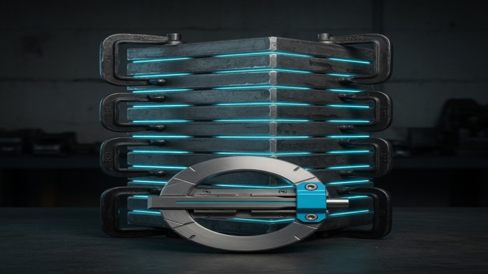 Sealed steel plates stacked as an append-only ledger, with the SwarmLatch device in the foreground.